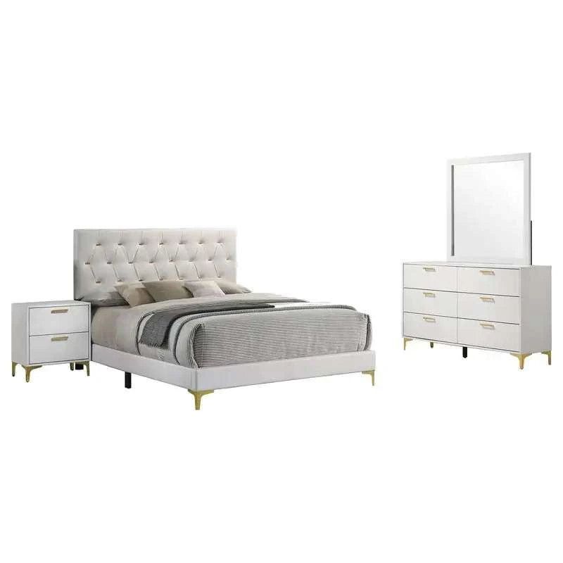 White bedroom set with bed, nightstand, and dresser on a white background