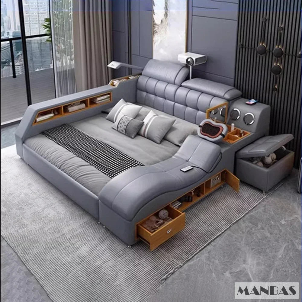 Modern gray bed with wooden accents and built-in storage in a room with large windows.