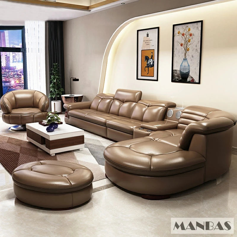 Luxury L-Shaped Genuine Leather Sectional Sofa Sets with USB, Bluetooth Speaker