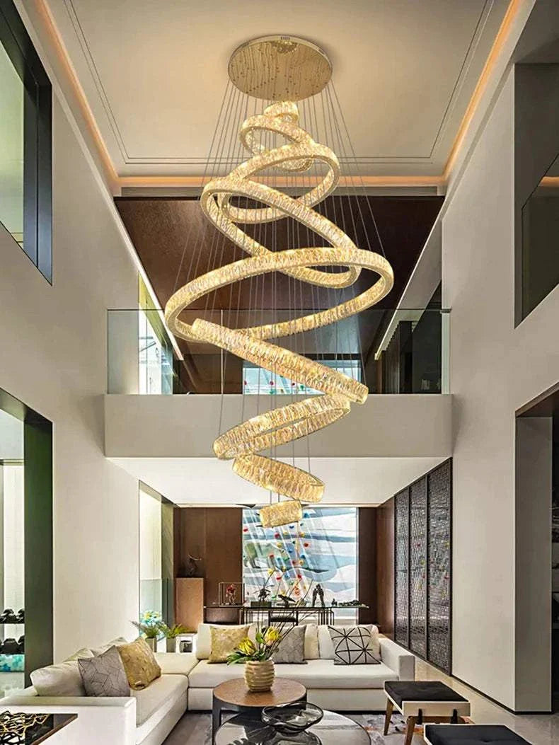 Modern hall chandelier with soft LED lighting and elegant spiral design for indoor staircases and living rooms