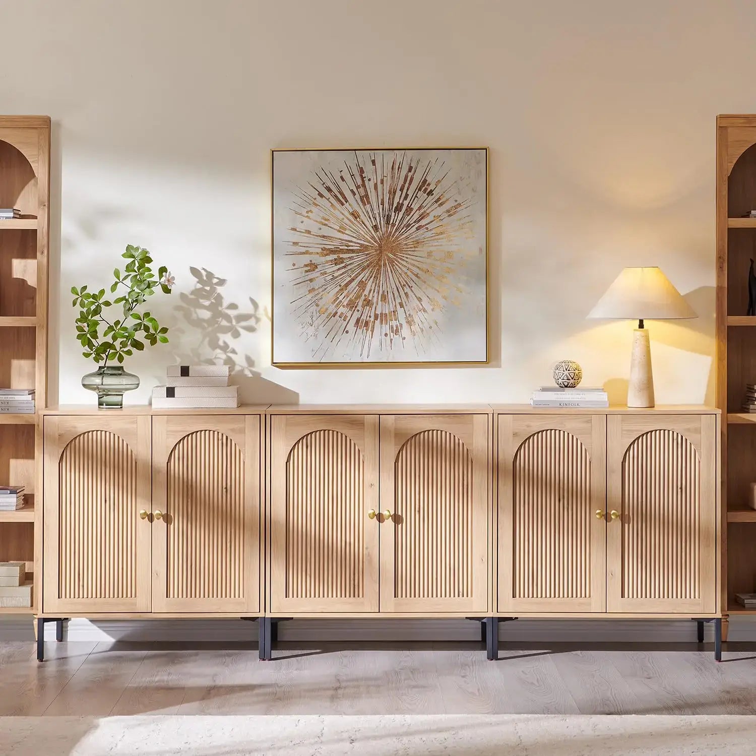 Modern buffet cabinet with storage featuring fluted arches, adjustable shelves, and a clean modular design.