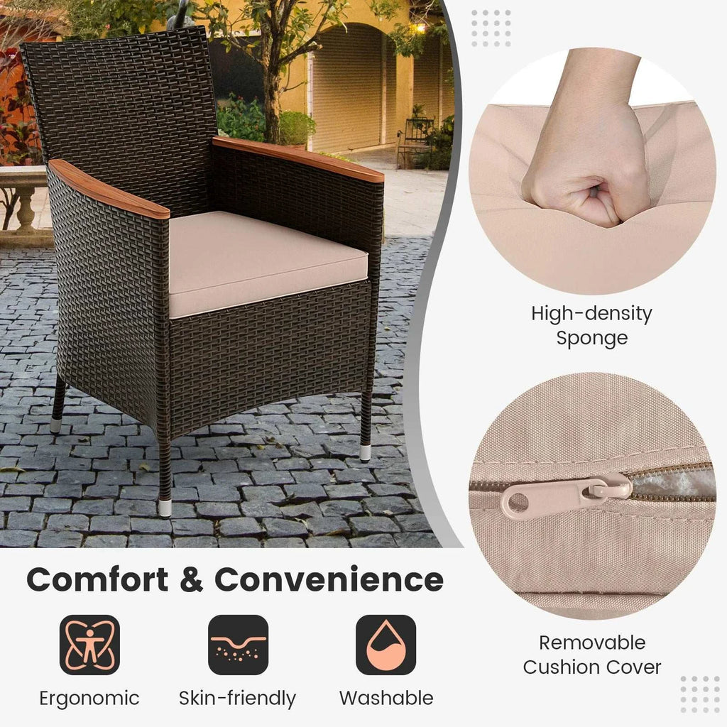 Brown wicker chair with beige cushion on a patio, showing high-density sponge, removable cover, ergonomic, skin-friendly, and washable features.