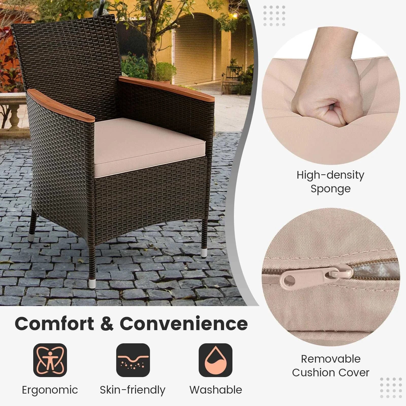 Brown wicker chair with beige cushion on a patio, showing high-density sponge, removable cover, ergonomic, skin-friendly, and washable features.