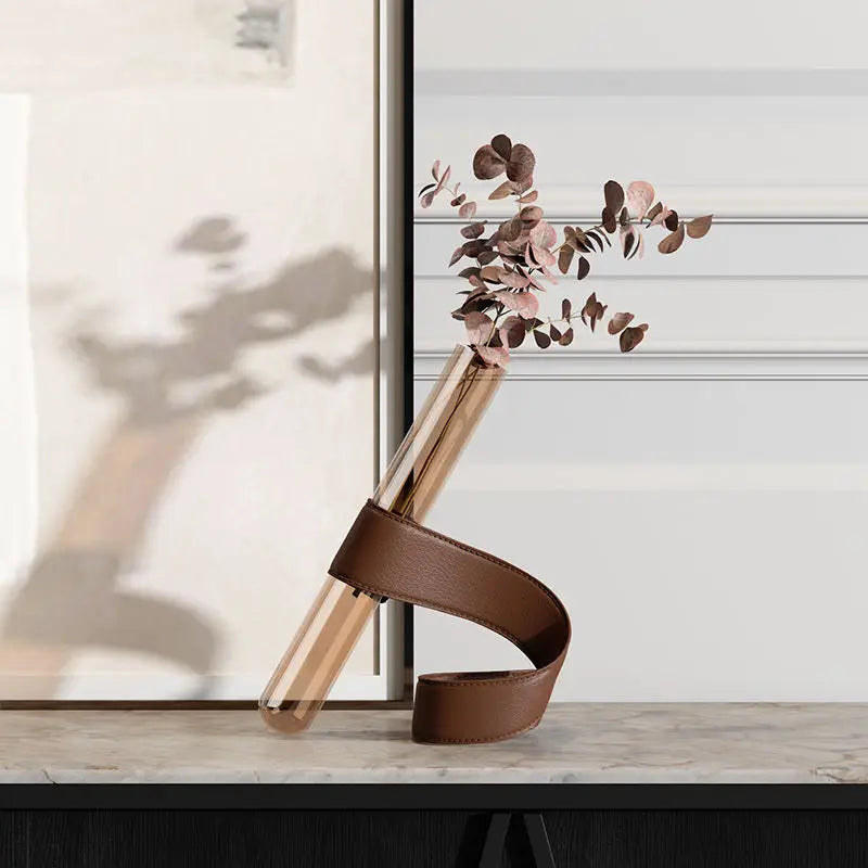 Tubular Glass Vase with Leather Bracket | Nordic Luxury Tabletop Accent