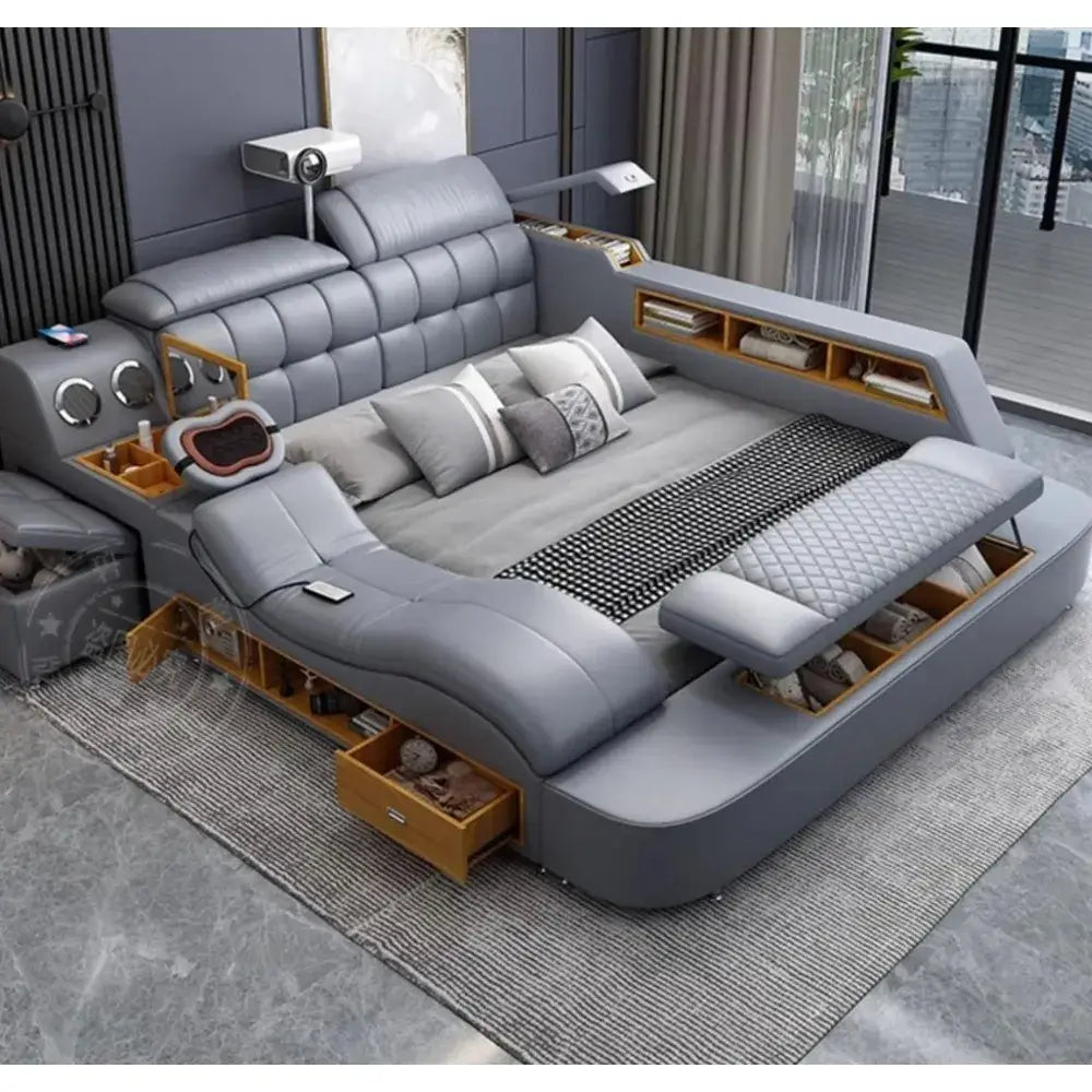 Smart leather bed with massage and storage featuring modern design, projector, and Bluetooth audio.