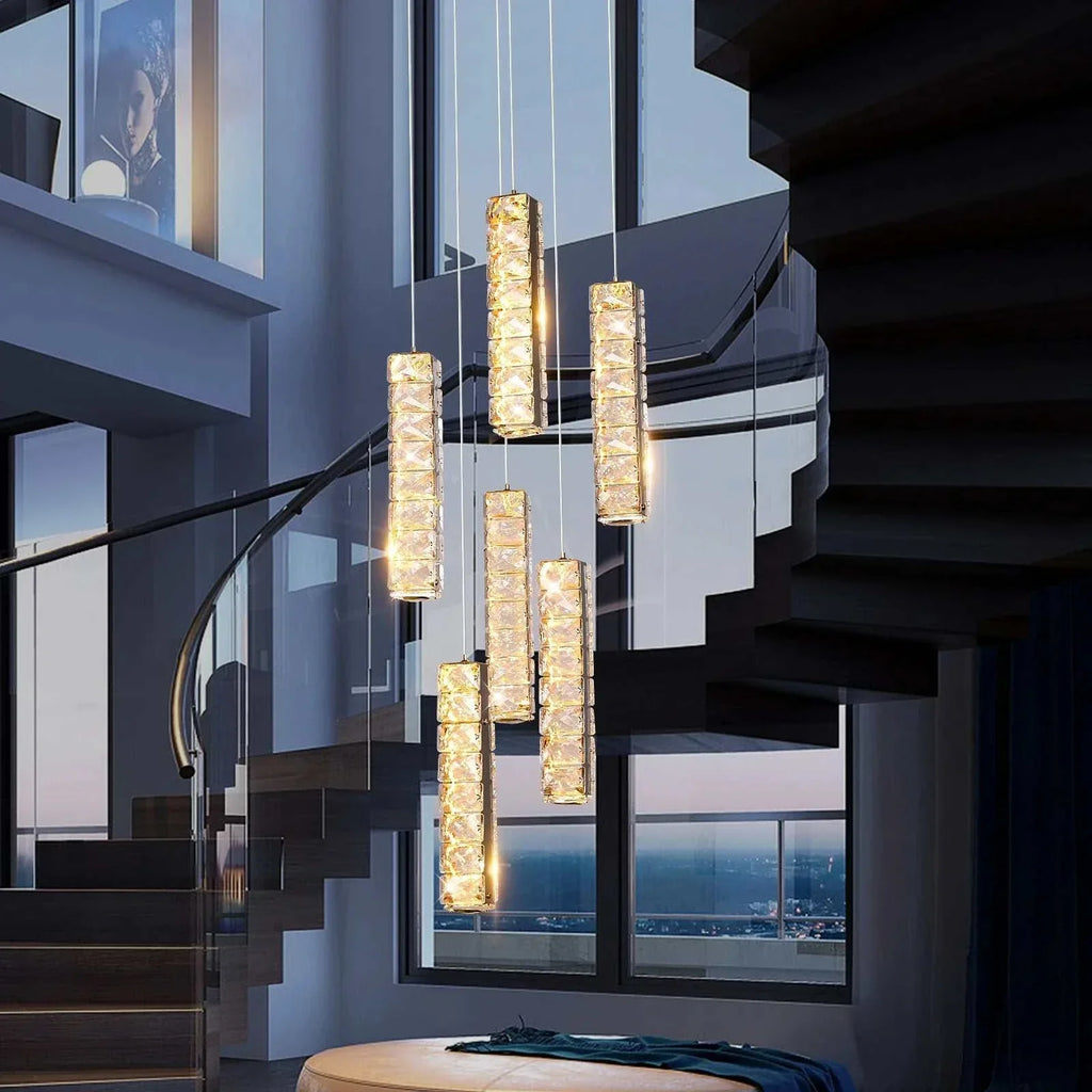 VETRULUS Nordic K9 Crystal Led Chandelier hanging in modern staircase with sleek metal and crystal design