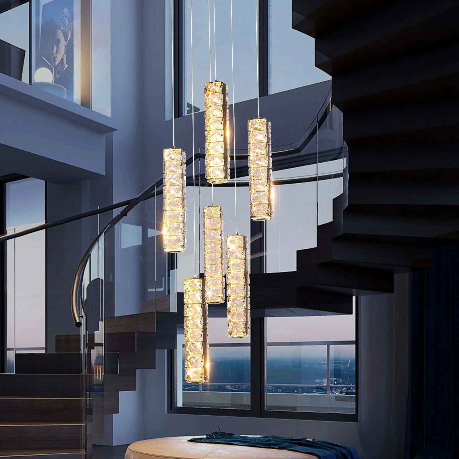 VETRULUS Nordic K9 Crystal Led Chandelier hanging in modern staircase with sleek metal and crystal design