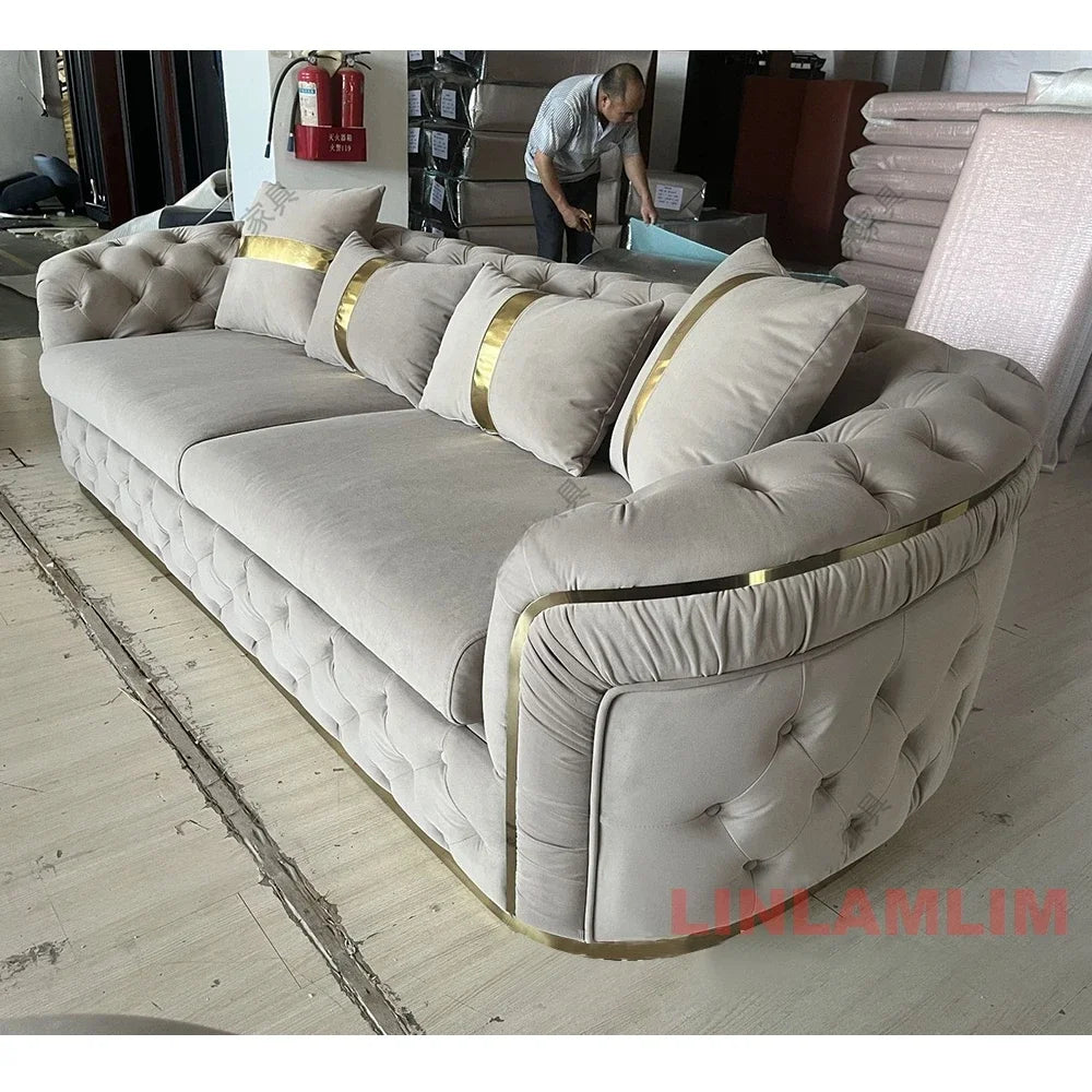 Luxury Chesterfield Sectional Sofa Set with Cloth Buttons and Fabric Modular Couch with Gold Stainless Steel Base, 3-seater Sofa
