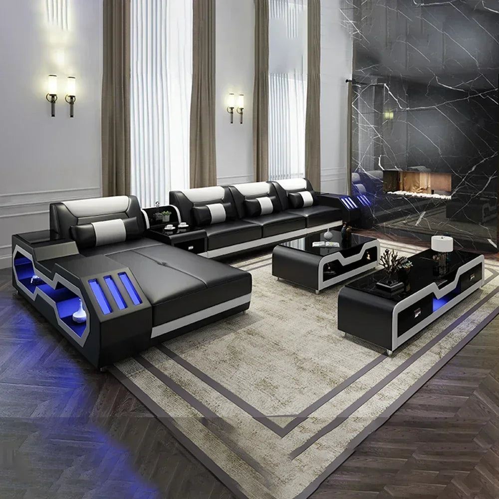 Modern living room with black and gray sectional sofa and coffee table.