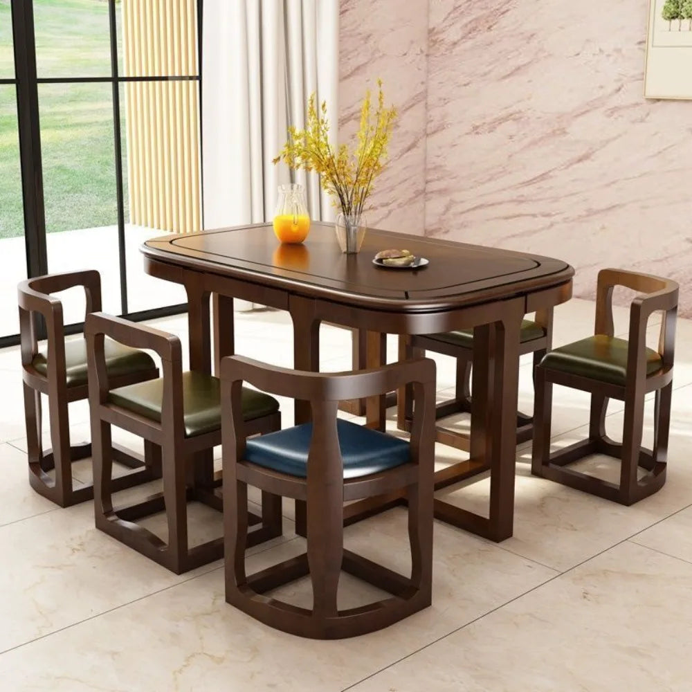 Solid Rubberwood dining set with induction cooker, oval table, four and six chair options, modern minimalist design.