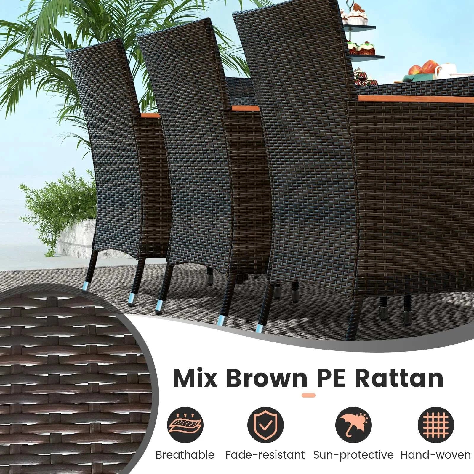 Set of outdoor chairs with mix brown PE rattan material on a patio setting.