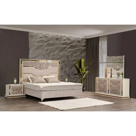 Modern Style 4-Piece Queen Upholstered Bedroom Set with Wood and Gold Accents in Beige
