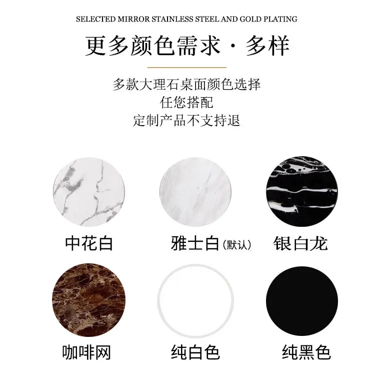 Luxury marble dining table with gold base color options including white, black, brown, and custom designs.