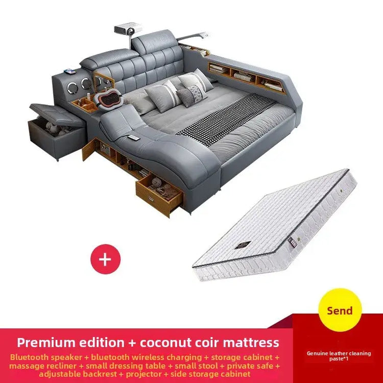 Smart Massage Storage Bed Multifunction Leather Bed Frame King Size Smart Bed With Projector Bluetooth Modern Bedroom Furniture