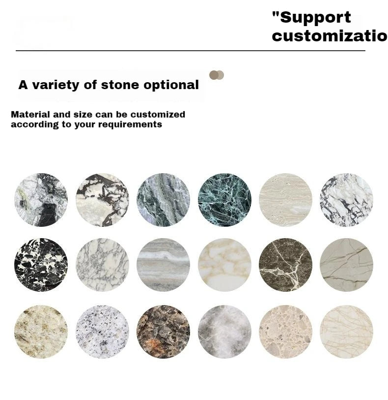 Various stone color samples with text indicating customization options.