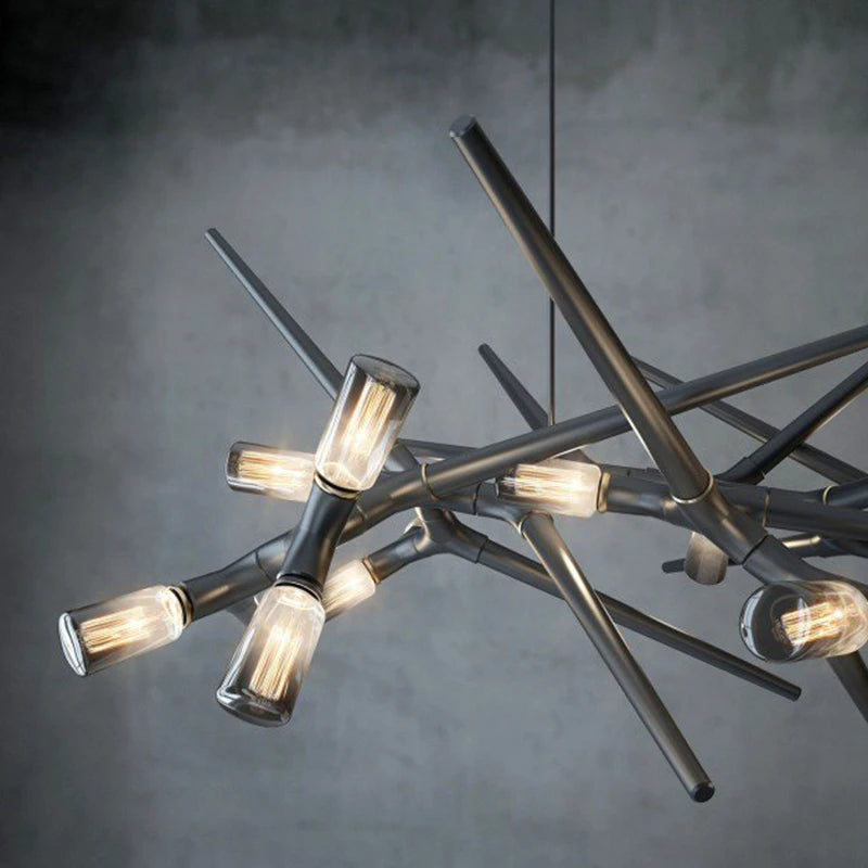 Modern chandelier with multiple light bulbs on a dark background