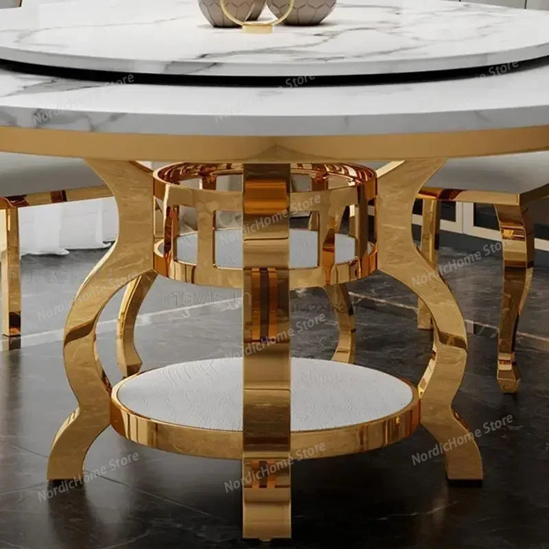 Modern marble glass dining table featuring a stylish stainless steel frame with gold accents.