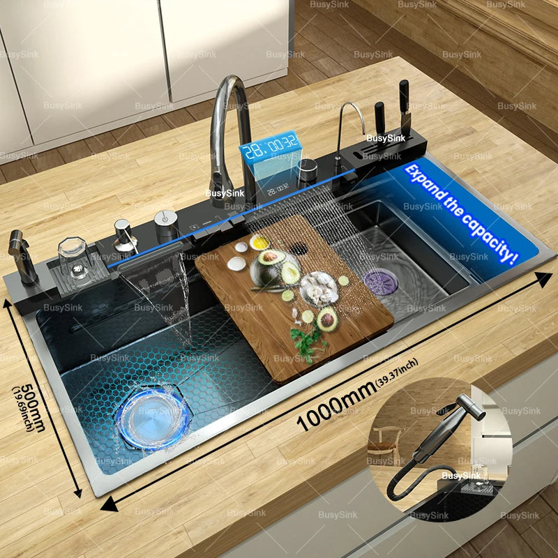 Stainless Steel Kitchen Sink with Waterfall. Digital Display Multifunctional
