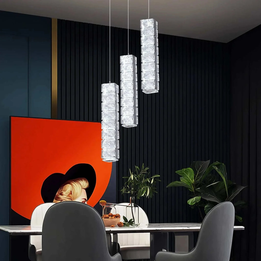 VETRULUS Nordic K9 Crystal LED chandelier with crystal accents hanging above modern dining table in stylish room