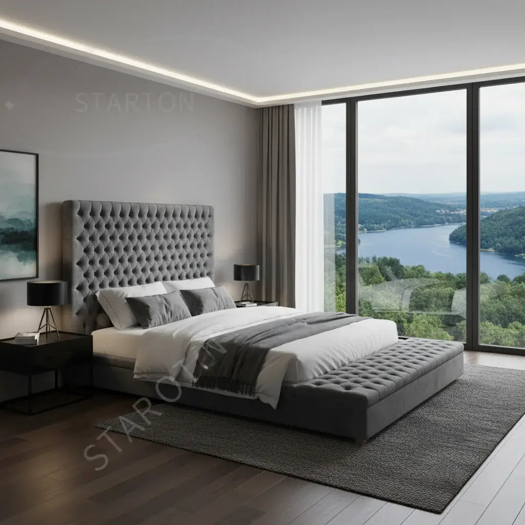 Contemporary New Design Bedroom Furniture Upholstered Bed Wide Tufted Headboard Velvet King Size Fabric Pine Modern Wood in stylish setting.