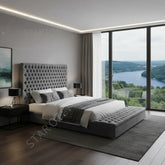 Contemporary New Design Bedroom Furniture Upholstered Bed Wide Tufted Headboard Velvet King Size Fabric Pine Modern Wood in stylish setting.