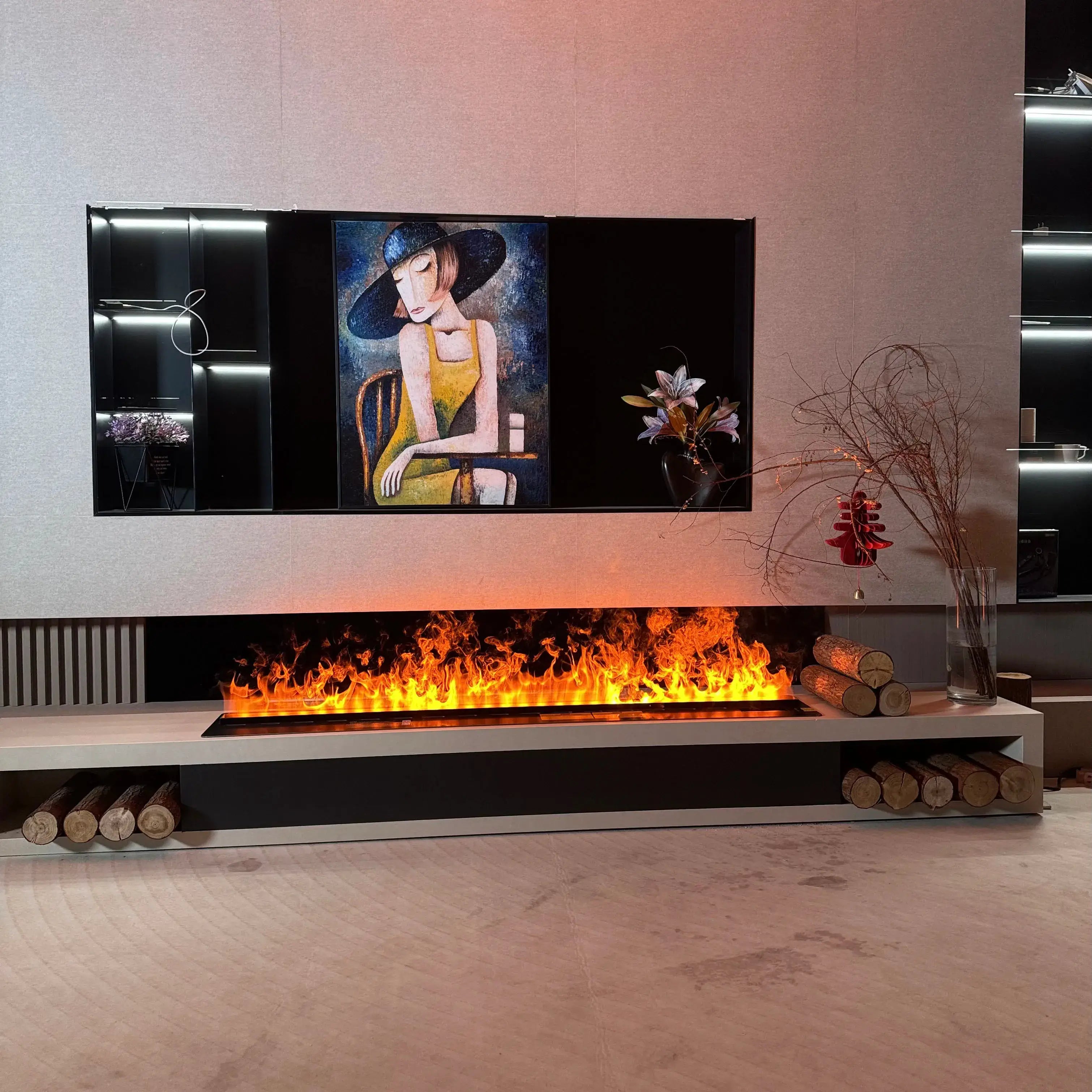 Smart electric fireplace with remote control showcasing a vibrant flame effect under a modern wall art in a stylish living room.