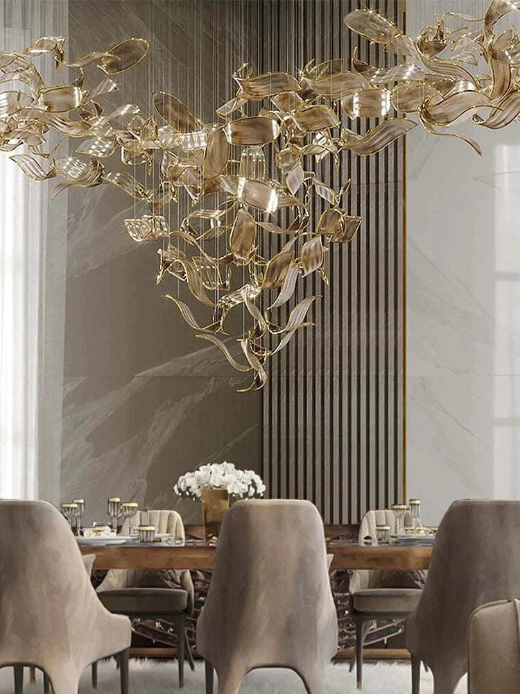 Large customized hotel lobby glass chandelier with artistic LED lighting fixture above dining table