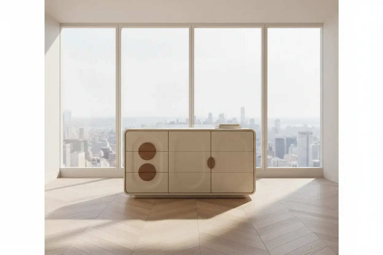 Modern living room display cabinet with elegant design, featuring light colors and spacious storage, placed by large windows.