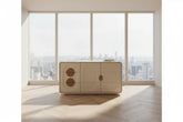 Modern living room display cabinet with elegant design, featuring light colors and spacious storage, placed by large windows.