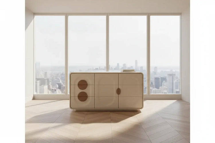 Modern living room display cabinet with elegant design, featuring light colors and spacious storage, placed by large windows.