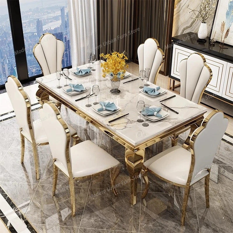 Italian rock slab dining table with chairs set elegantly arranged for dining.