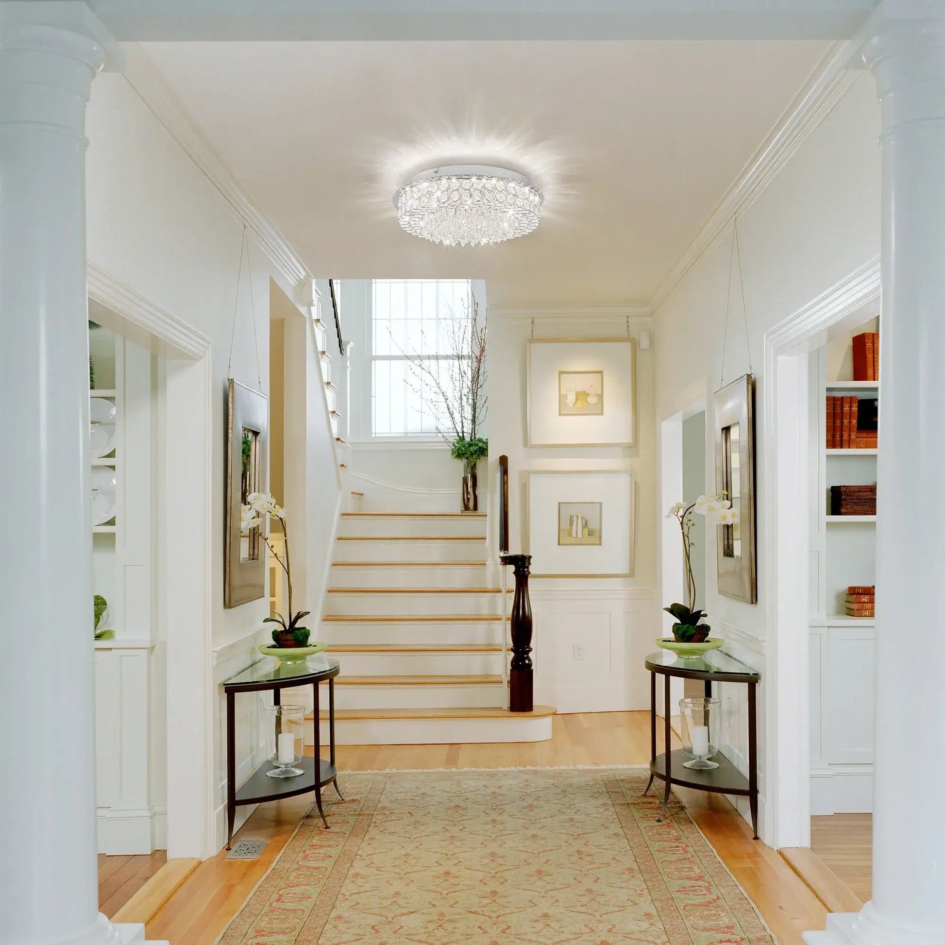 luxury crystal flush mount ceiling light in a modern hallway, illuminating the space with elegance and style.