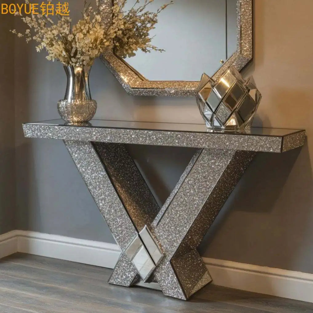 Crushed Diamond Mirror Console Table | Sculptural Arch Base | Glam Entryway Furniture - view 10