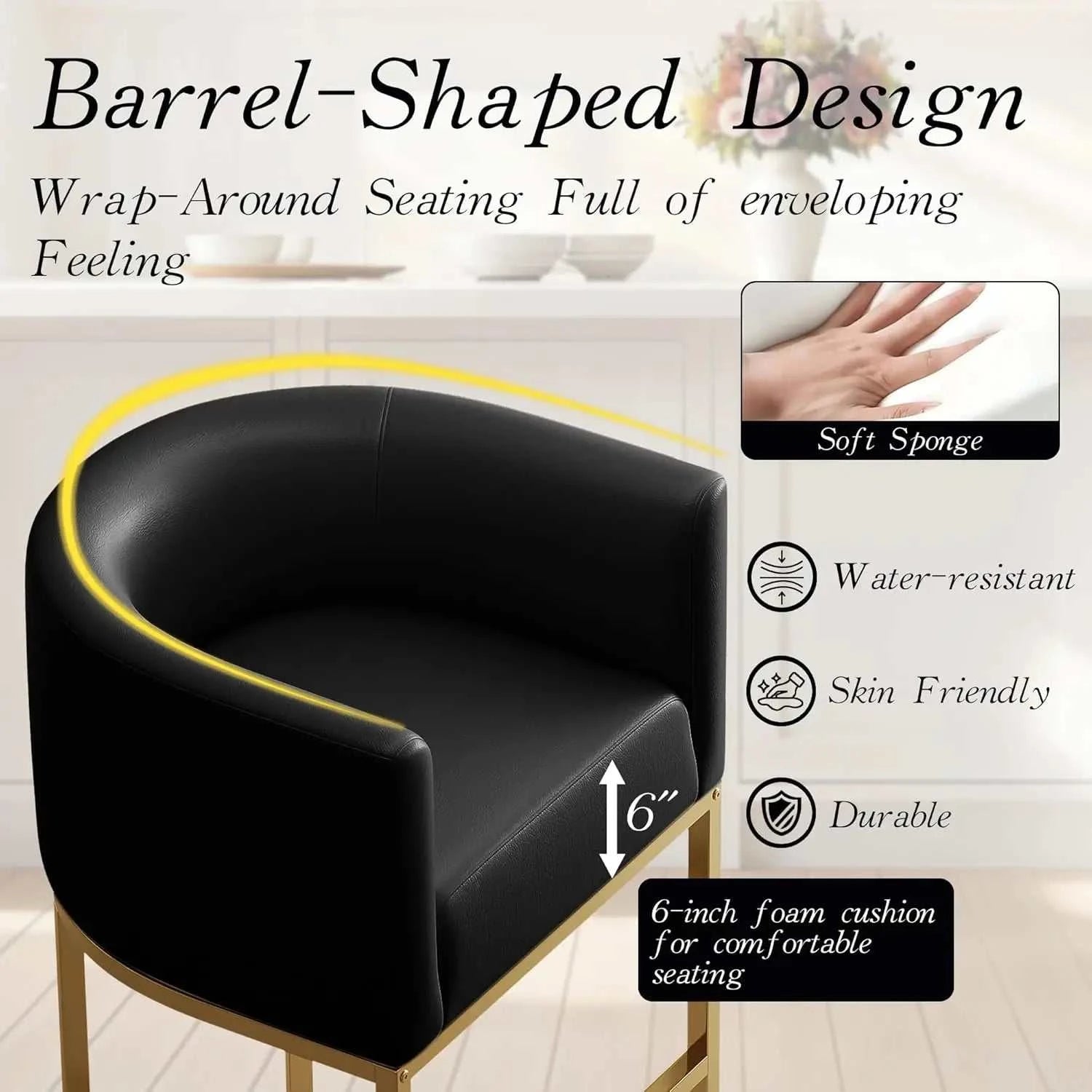 Black barrel-shaped chair with features highlighted on a white background