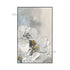 Abstract art piece with white flowers and gold accents on a textured gray background, featuring &