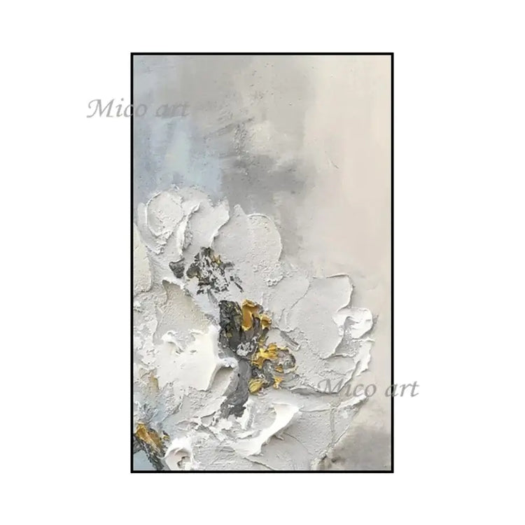 Abstract art piece with white flowers and gold accents on a textured gray background, featuring &