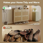 Before and after images showcasing a tidy space with a rattan shoe cabinet and messy shoe clutter.