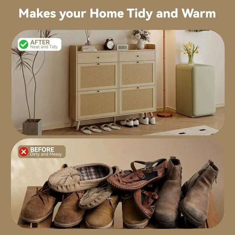 Before and after images showcasing a tidy space with a rattan shoe cabinet and messy shoe clutter.