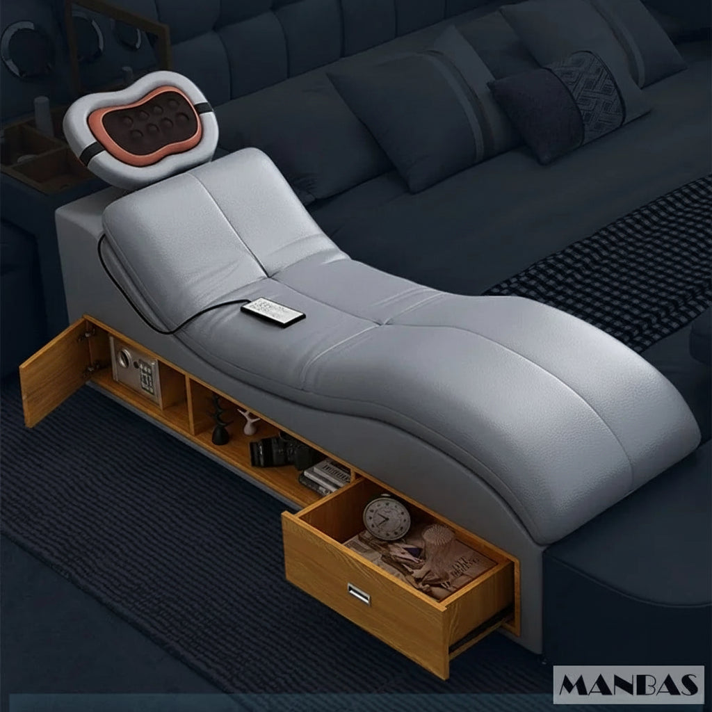 Massage bed with various compartments and features labeled, brand 'MANEAS' visible.