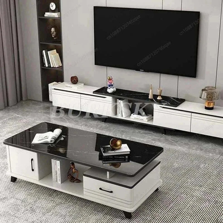 Stylish coffee table TV cabinet combination in modern living room setting with sleek design and ample storage.