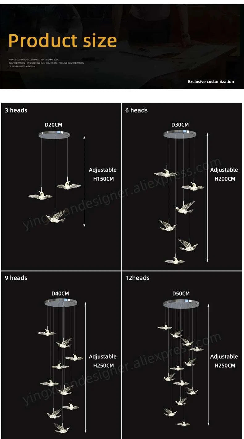 Product size chart for a decorative item with adjustable height and multiple head options.