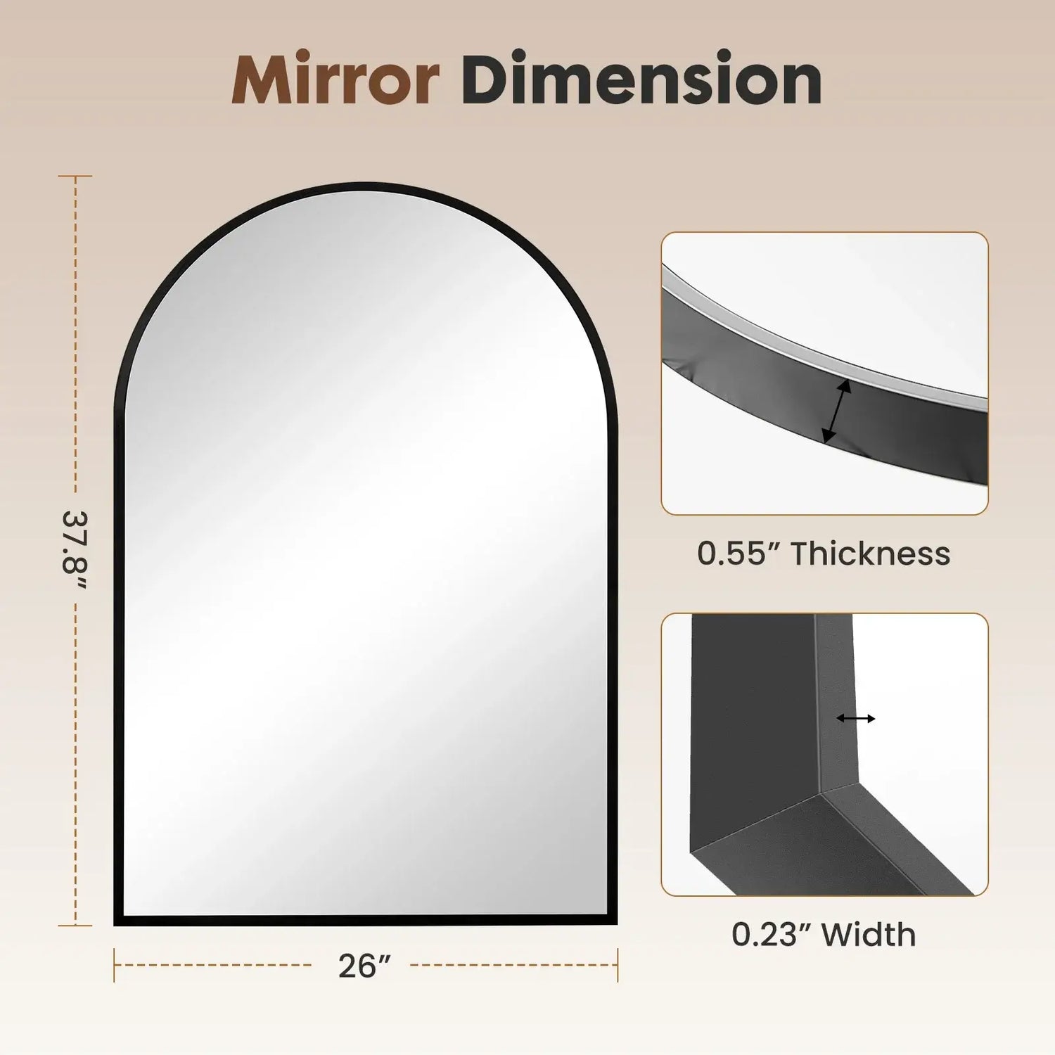Architectural mirror with dimensions and thickness details on a beige background