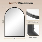Architectural mirror with dimensions and thickness details on a beige background