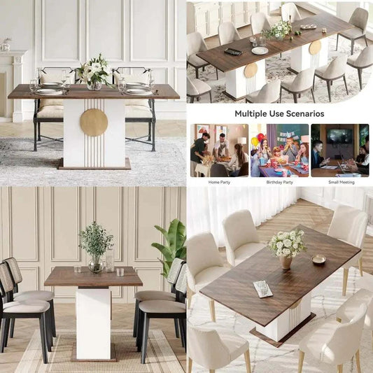 Modern rectangular dining table with wooden top and white sturdy base seating six in a stylish kitchen setting