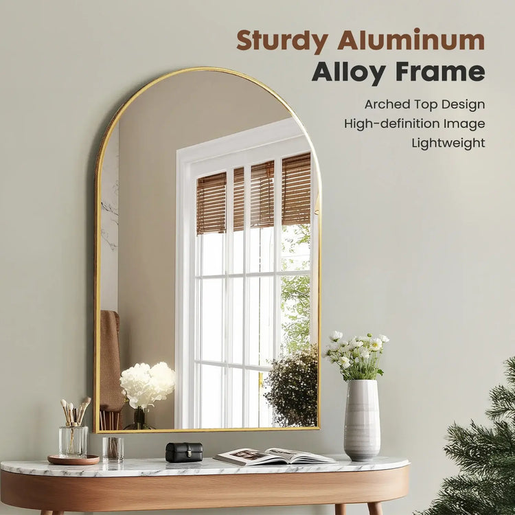 Arched metal framed bathroom mirror with a sturdy aluminum alloy frame and arched top design.