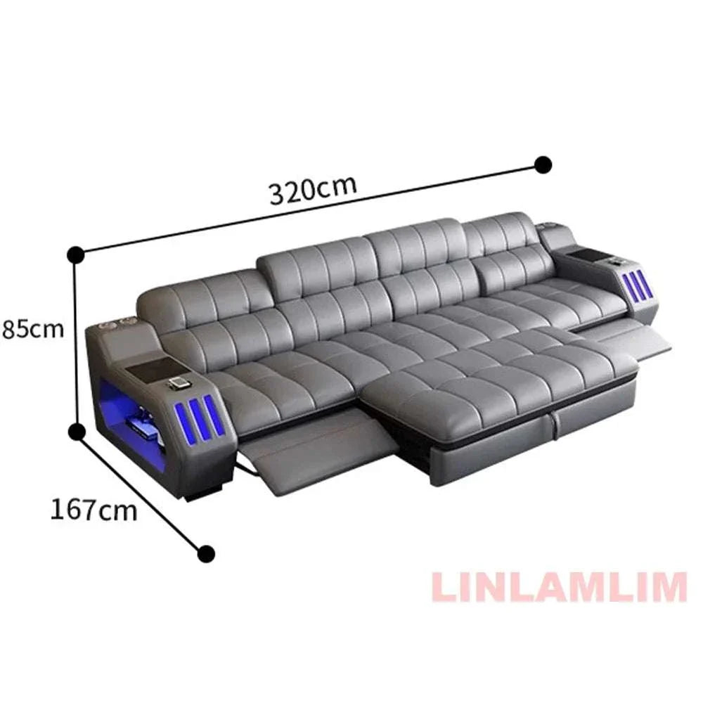 Modern sectional sofa bed with genuine leather, LED lights, electric recliner, and massage function