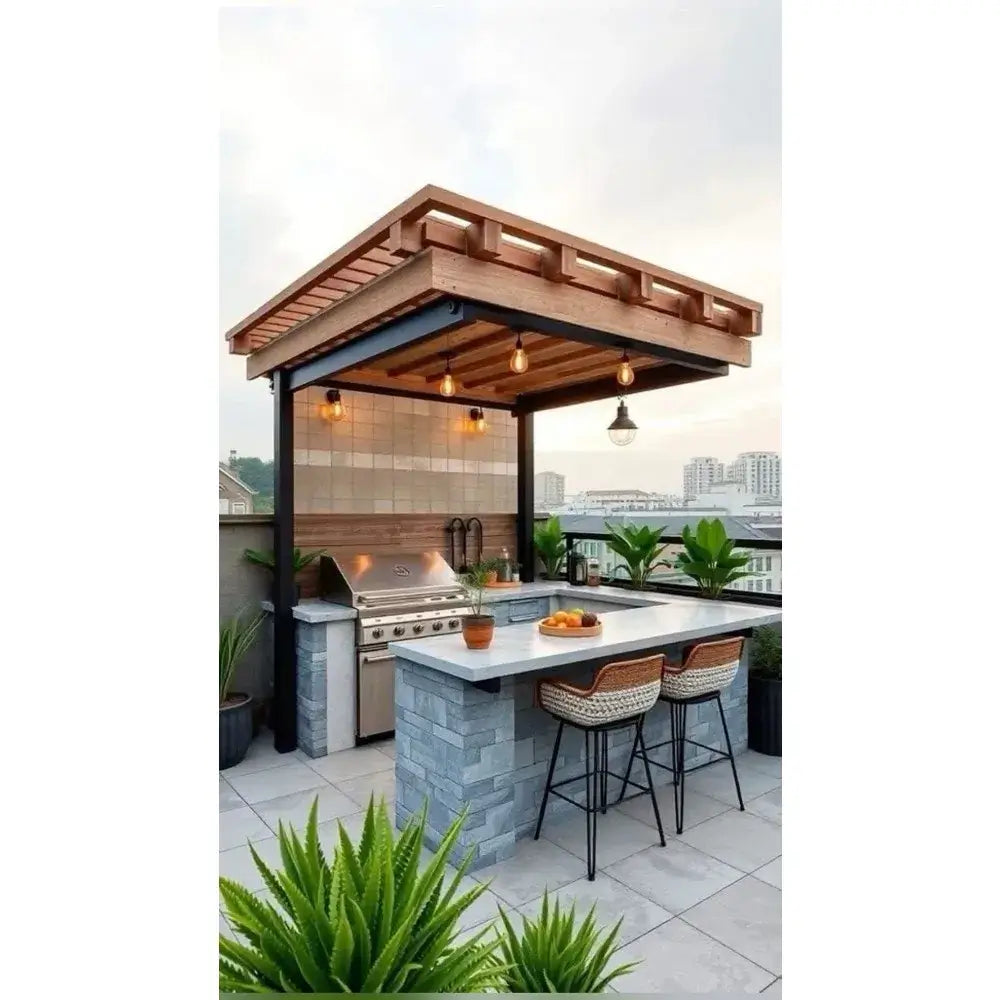 stainless steel outdoor kitchen cabinet with grill and patio seating under a stylish gazebo