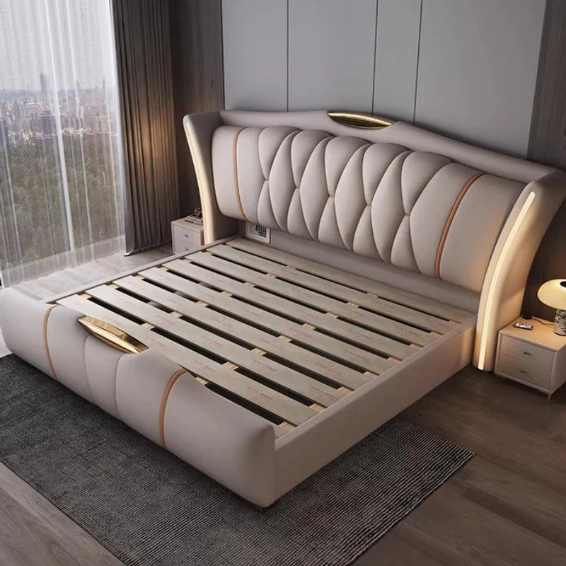 Modern minimalist luxury leather bed frame featuring an elegant design with integrated nightstand cabinets, available in 3 sizes.