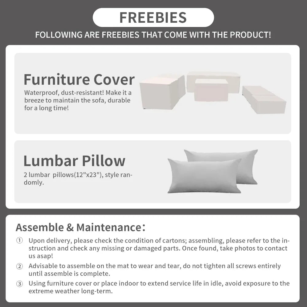 Product information card with freebies included: furniture cover and lumbar pillow.