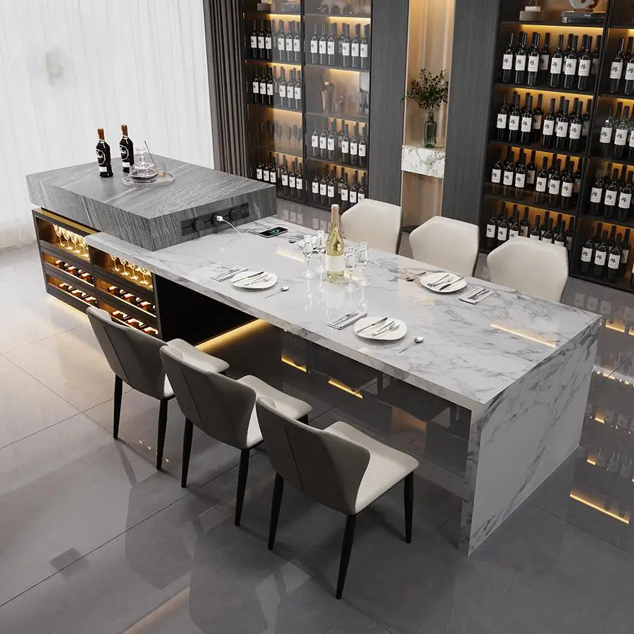 Modern dining table set with chairs in a stylish interior setting.